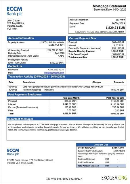 Modèle Word et PDF de relevé hypothécaire de la Banque ECCM de Malte